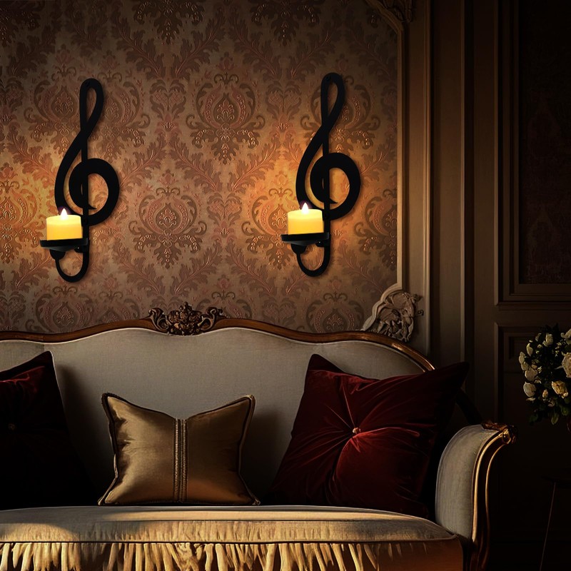 Musical Notes Wall Decor, Black Metal Candle Sconces Set, Music