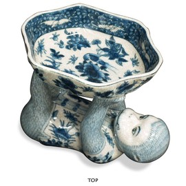 ChinaFurnitureOnline Porcelain Chinese Decorative Dish, Monkey Holding Lotus Dish Blue Glaze