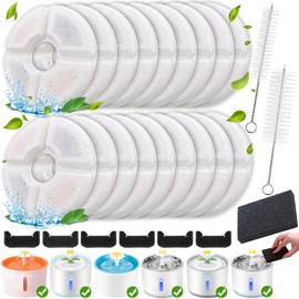 KAEGREEL 27 Pcs Cat Water Fountain Filters for 81oz/2.4L Water Dispenser Triple Action Activated Carbon Resin Replacement Pet Filter Cartridges for Dogs Cat Drinking 18 Filters & 6 Sponges & 2 Brush