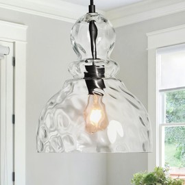 FookChak Hammered Glass Pendant Light for Kitchen Island Black Pendant Hanging Light 10inch Large Glass Pendant Lights for Kitchen Sink Dining Room Hallway Entrance, 10in, E26