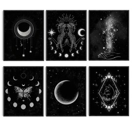 ORIGACH Pack of 6 Moon Phase Wall Pictures, 20 x 25 cm, Minimalist Boho Wall Decoration, Moon Phases, Star, Witch Wall Pictures, Unframed Canvas Pictures, Artworks for Bathroom, Bedroom, Gallery