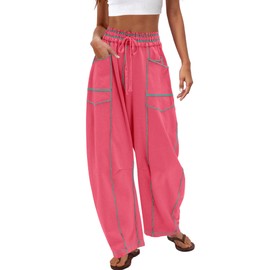 Nirovien Wide Leg Pants Women Baggy Sweatpants High Waisted Pants with Pockets Casual Lounge Pants(Watermelon Red,S)