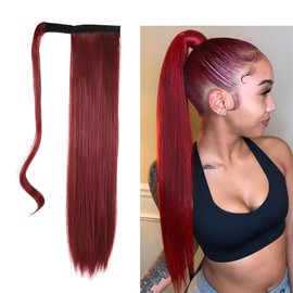 Gangel Red Ponytail Hair Extension Straight Pony Tails Wrap Around Hairpiece Claw Synbthetic Clip in Long Hair Extensions Magic Drawstring Pony Tail Hair Wraps(1 pc) (Wine Red Burg)
