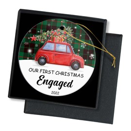 Christmas Ornament-Our First Christmas Engaged 2021 Lovely Gift for Engagement Newlyweds Keepsake Round Ceramic Christmas Tree Ornament Decoration 3 Inch Xmas Present