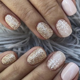 24Pcs Snowflake Press on Nails Short Square Fake Nails with Gold Glitter Designs Gradient Acrylic False Nails for Women Cute Christmas Stick on Nails Xmas Glue on Nails Christmas Press on Nails