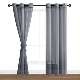 Hiasan Dark Grey Sheer Curtains for Bedroom with Tiebacks, Light Filtering Voile Textured Drapes Lightweight Grommet Window Curtains for Living Room, Sliding Door, W42 x L84, Set of 2 Soft Panels