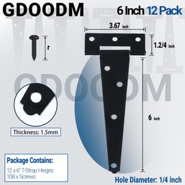 12 Pack 6 Inch T-Strap Shed Door Hinges, Black Shed Barn Gate Door Hinges, Heavy Duty Tee Hinges for Wooden Fences, Yard Gate, Wrought Iron Hardware Rustproof