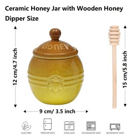 Kosmeey Ceramic Honey Jar with Wooden Honey Dipper-Honey Pot with Dipper- Honey Jar with Stand, Great Bee Decor- Farmhouse Kitchen Decor (Honey Jar-Brown)