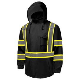 fortresswear Hi Vis Rain Jackets for Men Reflective Waterproof High Visibility Class 3 Safety Rain Coat with Black Bottom,Removable Hood