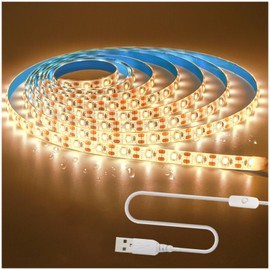 Tesfish 5 V USB LED Strip Light, Warm White 3500 K 3 m LED Strip Light 2835 IP65 Waterproof 180 LEDs Plug and Play LED Strip LED Light Strip LED Strip with Switch for Bedroom, Kitchen Decoration