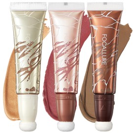 FOCALLURE 3 PCS Liquid Contour Stick,Moisturizing Highlighter,Blush and Bronzer,Silky Cream Contouring Pen with Soft Cushion Applicator,Long Lasting Face Illuminator Makeup (Sahara Time)