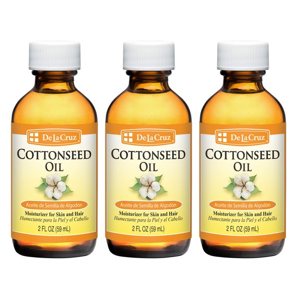 De La Cruz Cottonseed Oil - Moisturizer for Skin and Hair - Multipurpose Carrier Oil - 2 Fl OZ (3 Bottles)