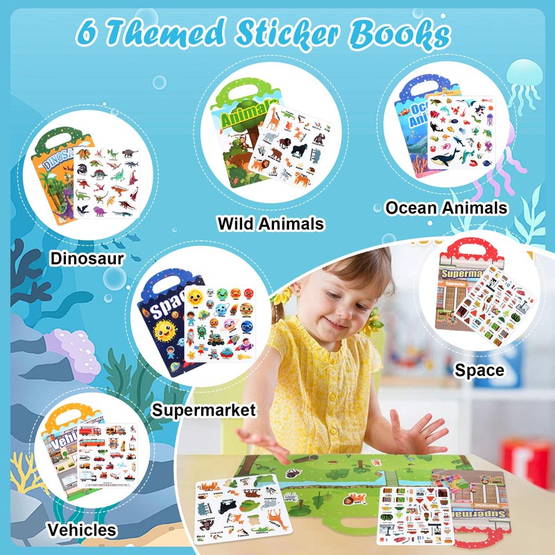 6 Pack Reusable Sticker Books for Toddlers 2-4 Year Olds