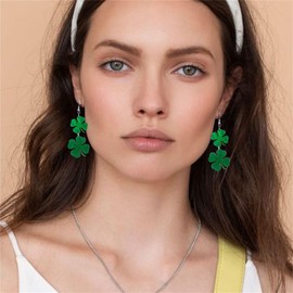 Dreuyet St Patrick's Day Acrylic Earrings Irish Shamrock Dangle Earrings Cute Green Clover Cat Dog Drop Earrings for Women Good Luck Jewelry (Leaf C)