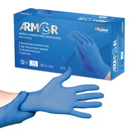 Pac-Dent Armor Nitrile Disposable Exam Gloves, Powder Free and Latex Free, 3.5mm Thick, Textured Grip, Box of 100, Blue, Small - GL-100S