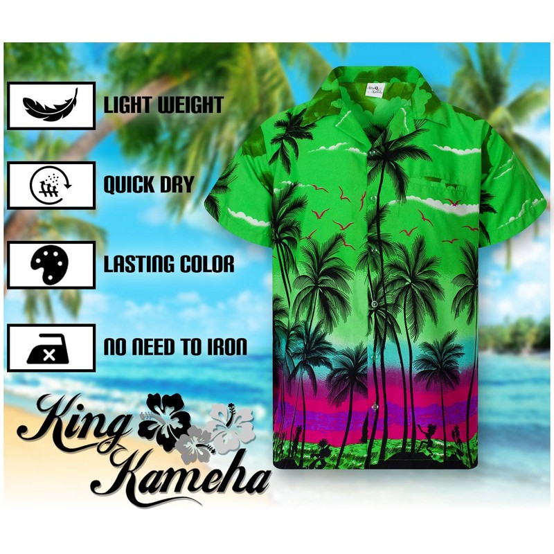 KING KAMEHA Funky Hawaiian Shirt, Shortsleeve, Beach, Green, S