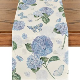 JYJLLM sunflower linen table runner，Seasonal Spring Kitchen Dining Table Decoration for Home Party Decor 33x180 cm，holidays, Buffet Parties & Wedding Use, Tropiques - Spring/Summer (Blue flower)