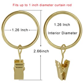 AMZSEVEN 40 Pack Curtain Rings with Clips, Drapery Clips Rings, Hangers Drapes 1.26 Inch Interior Diameter, Fits up to 1 Rod, Gold Color