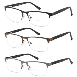 Kafirlo Bifocal Reading Glasses Men Blue Light Blocking Readers With Pouches Half Rimless Metal Frame Progressive Transition Eyeglasses Cheaters Designer Fashion Eyewear 3 Pack +1.50