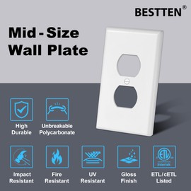 BESTTEN 50 Pack 1-Gang Mid-Size Duplex Wall Plate, Midway Switch Plates, Unbreakable Polycarbonate Receptacle Outlet Cover and Switch Cover, ETL Listed, White