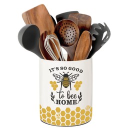 BOXJINCO Bee Kitchen Decor, Ceramic Utensil Holder Bee Decor, 6.5 Inch Farmhouse Indoor Kitchen Decorative Utensil Rack For Spoon Storage And Cooking Tools
