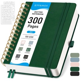 EMSHOI Spiral Notebook, Bullet Dotted Journal, 300 Pages A5 Dot Grid Notebook, 100gsm Thick Dotted Paper, Hardcover Spiral Notebook for School, Work, Note Taking, 5.7" × 8.22" - Dark Green