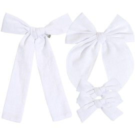 4 PCS White Cotton Linen Hair Bows for Toddler Girls, 3 Styles 5" & 3.5" Handmade Hair Bow Set Hair Accessories for Little School Girls