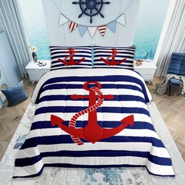 Nautical Anchor Comforter Set Queen,Geometric Stripes Duvet Insert Ocean Adventure Theme Quilted Duvet Set Navy Blue and Red Bedding Set 3pcs for Kids Girls Teens Boys Room Decor with 2 Pillowcases