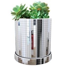 Adnee Disco Cylindrical Planter Pot,4.5 * 4.8 inch Mirror Disco Cylindrical Vase, Modern Disco Plastic Planter Pot with Drainage Hole and Saucers for Indoor Outdoor Plants (Silver)