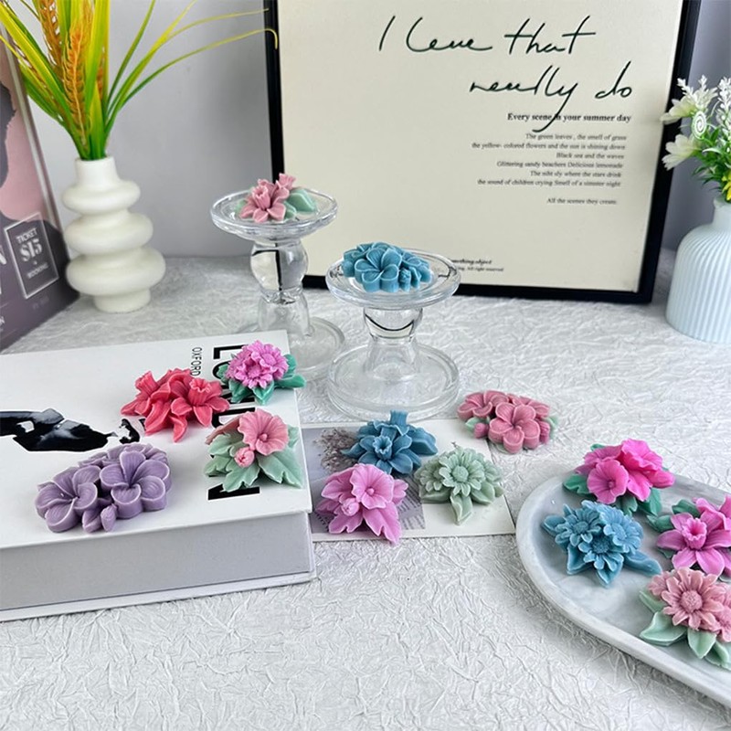 FineInno 4Pcs Flower Silicone Candle Molds for Candle Making 3D