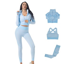 Veriliss Women's 3pcs Seamless Outfits Workout Sets,Gym Clothes Yoga Sportswear Leggings and Stretch Sports Bra Gym jumpsuits Clothes Set (Light Blue, L)