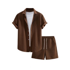 GORGLITTER Men's 2 Piece Outfits Waffle Knit Button Down Shirt Top and Shorts Set Coffee Brown Medium