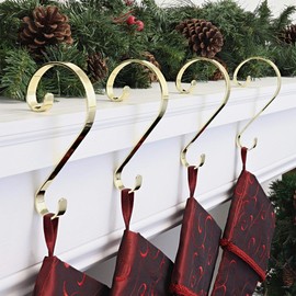 Haute Decor Stocking Scrolls Holiday Christmas Stocking Hanger Holder, Fits Most Mantels and Holds Up to 10 Pounds, Gold/Brass (4 Pack)