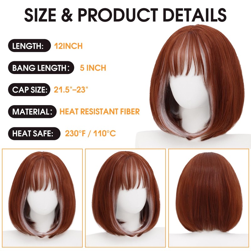 Copper White Bob Wig with Bangs, Short Straight Synthetic Wig