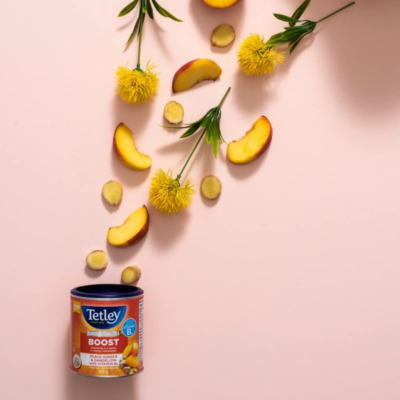 Tetley Super Herbal Boost Tea: Peach, Ginger & Dandelions with