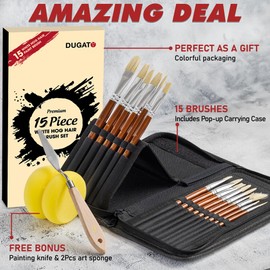 DUGATO Artist Oil Paint Brush Set, 15pcs White Hog Hair Includes Pop-up Carrying Case with Painting Knife and 2 Sponges Perfect for Acrylic, Oil, Gouache, Watercolor Painting