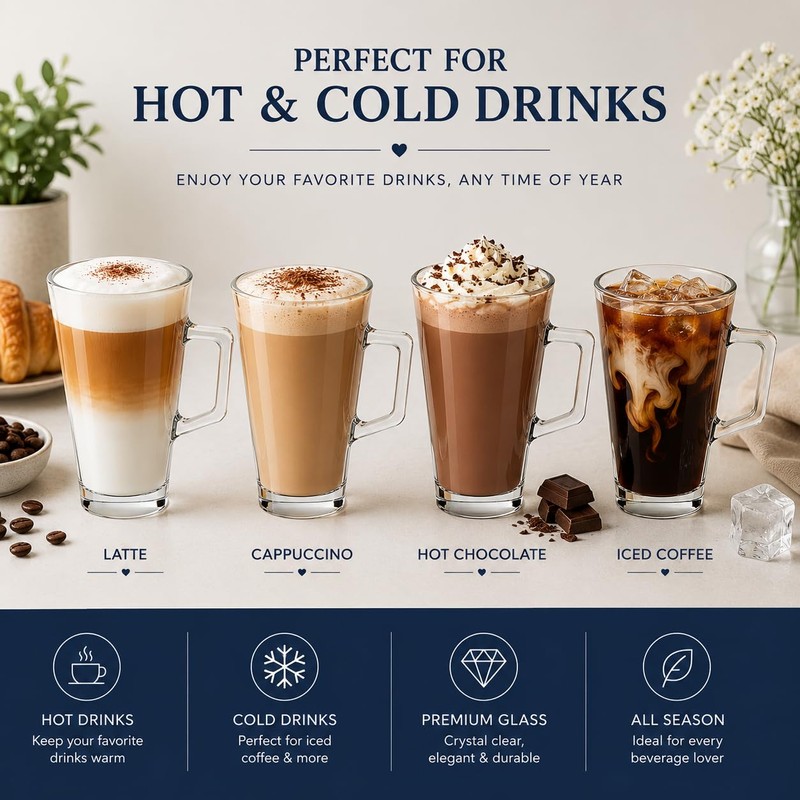 XORX 2 Pack Latte Glass Cups 240ml with Handles