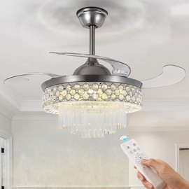 FINE MAKER 42" Crystal Fandelier Ceiling Fan with Light and Remote, Modern Silver Retractable Ceiling Fan with Reversible Blades 3 Colors Change Chandelier Fan for Dinning Room Bedroom