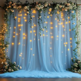 HOLLITS Tulle Backdrop Curtain with 300 LED Fairy Lights for Parites Wrinkle-Free Sheer Curtain Drapes Photo Back Drop for Wedding Baby Shower Bridal Shower Birthday Home Décor - 10ft×10ft, Baby Blue