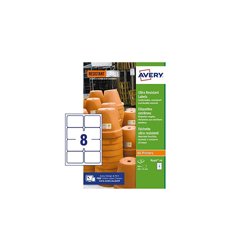 Avery B3427-20 Ultra Resistant Labels, White (A4 Sheet of 105