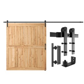 SMARTSTANDARD 12 FT Heavy Duty Sturdy Sliding Barn Door Hardware Kit, Black, (Whole Set includes 1x Pull Handle Set & 1x Floor Guide) Fit 72" Wide Door Panel (I Shape Hanger)