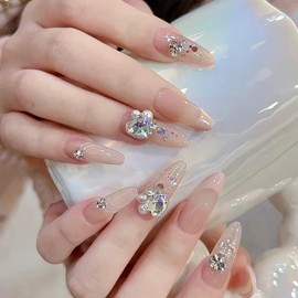 CJDLTS 24Pcs Rhinestones Press on Nails Medium Almond Shaped Pink French Tip Acrylic False Nail Pearl Diamond and Lines Pattern Design Full Cover Artificial Fingernails DIY Glue on Nails for Women