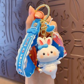 TOU-BEGUIN Charms Keychain, Cute Kawaii Dancing Rabbit Car Key Ring Decoration, Delicate Handbag Keys PVC Accessories Gifts for Kids Boys Girls Women White