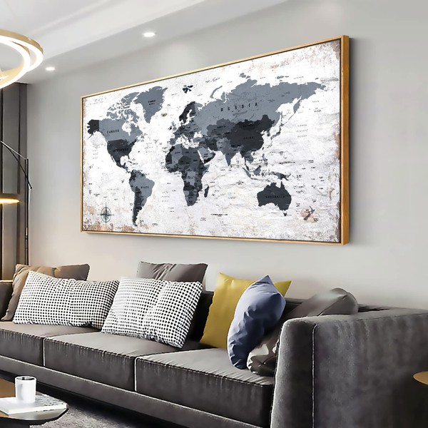 Framed wall art World Map Wall Art Canvas Picture 24inchx48inch Large Black and white Map of The World Canvas Painting Artwork Prints for Office Wall Decor Home Living Room Decorations Framed Ready to Hang