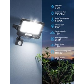Aigostar PIR Outdoor Sensor Light, 30W Motion Sensor Flood Lights, Outside Security Lights 2750 Lumen, IP65 Waterproof Floodlight 6500K, Ultra Thin Spotlight for Garden Garages Black 2 Pack