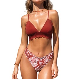 CUPSHE Women's Bikini Set Plunge V Neck Scalloped Lace Up Bikini Bralette Low Waisted Two Piece Bathing Suit Red/White Floral XS