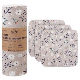 Poyday Reusable Paper Towels Washable Roll: 25Pack Cotton Cloth Paper Towels 11.8x11.8In Absorbent Soft Flannel Paperless Towels Alternative for Kitchen Reusable Napkins Zero Waste (Flower, Large)