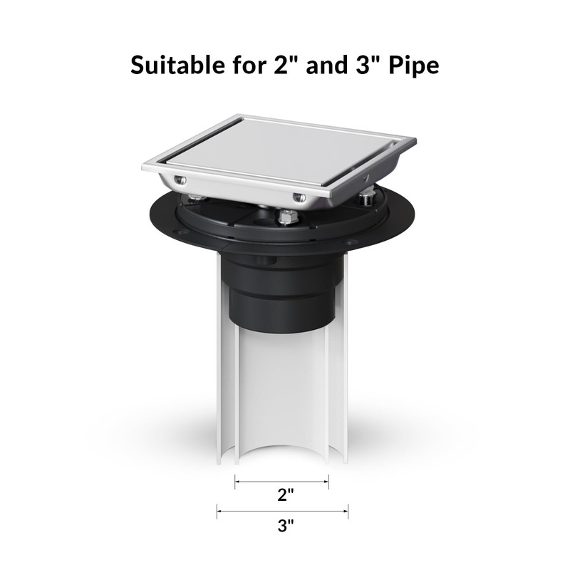 6 Inch Square Shower Drain with 2-in-1 Tile Insert Grate