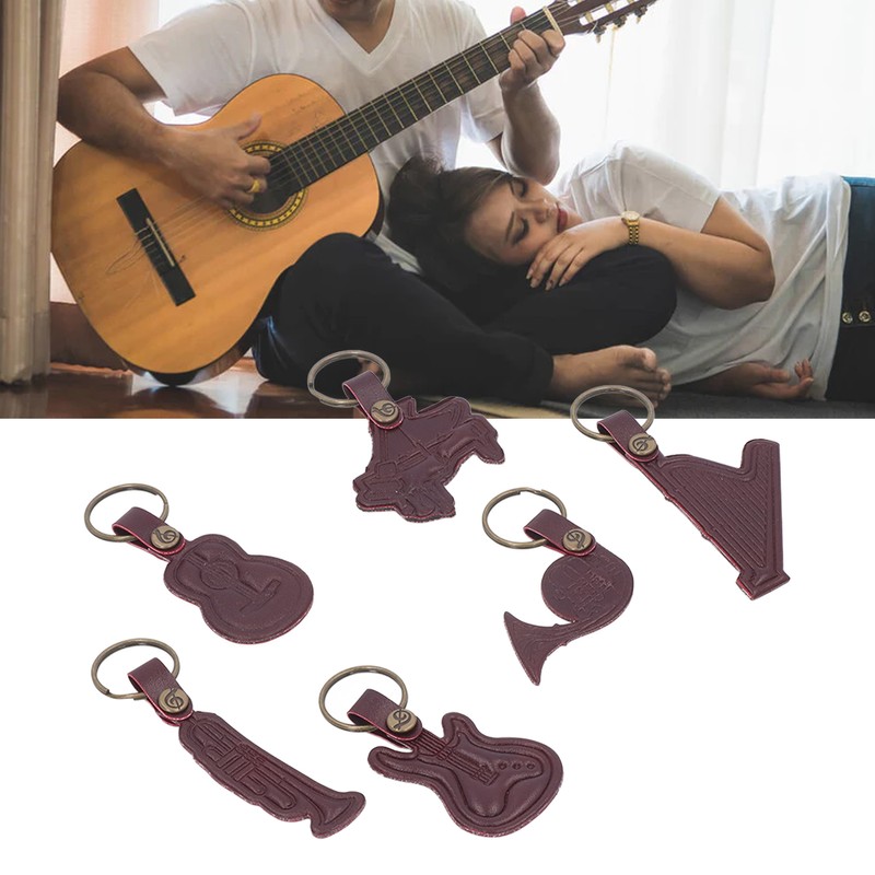 7PCS Cowhide Musical Instrument Keychains Mini Guitar Violin Horn Bass