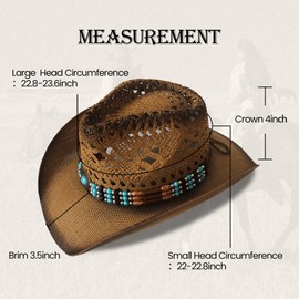 Wildarms Western Cowboy Hat for Women Men Wide Brim Woven Straw Cowboy Hat for Men Cowgirl Exquisite Decoration Band 7 3/8 (Brown,LU12893)